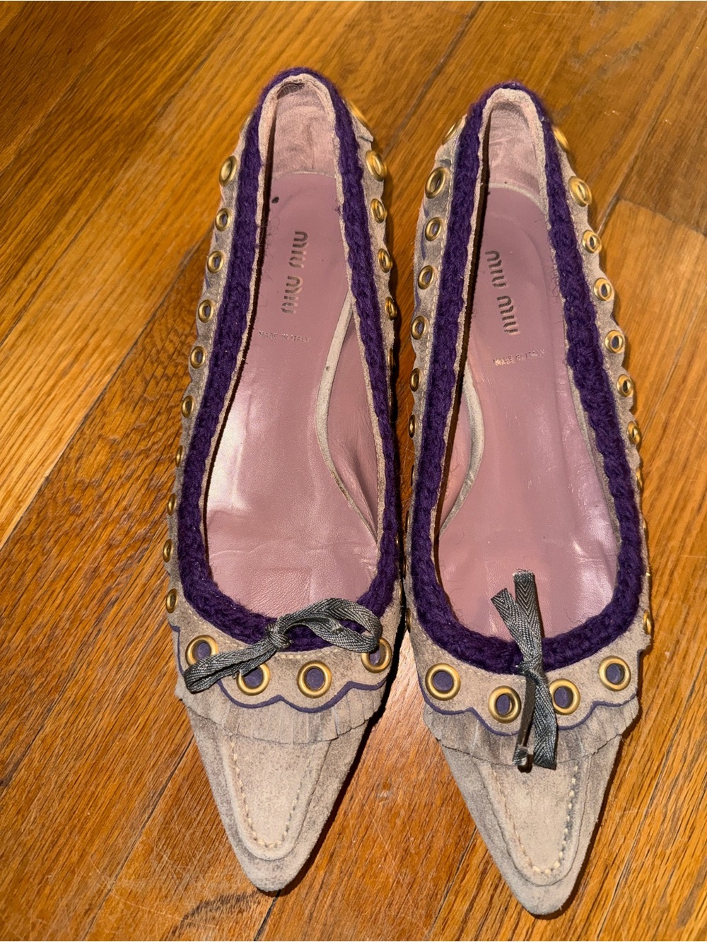 Miu Miu Beige Suede Pointed Flats with Purple Trim and Gold Eyelets
